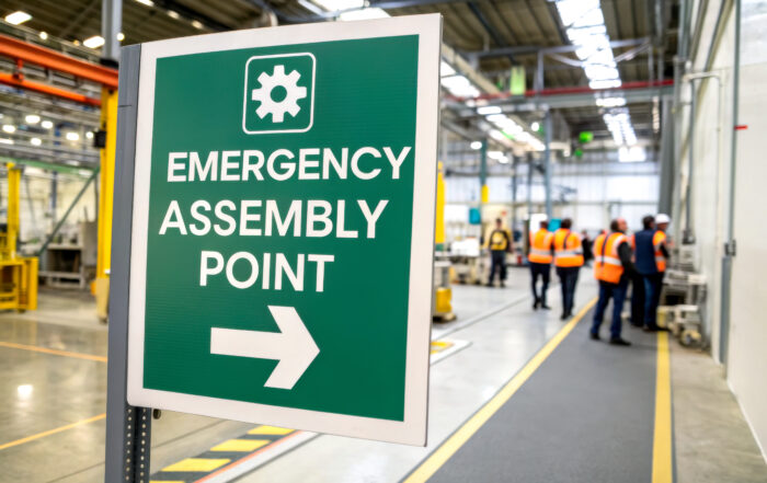 Emergency assembly point sign in a manufacturing facility with workers in safety vests gathered in the background.
